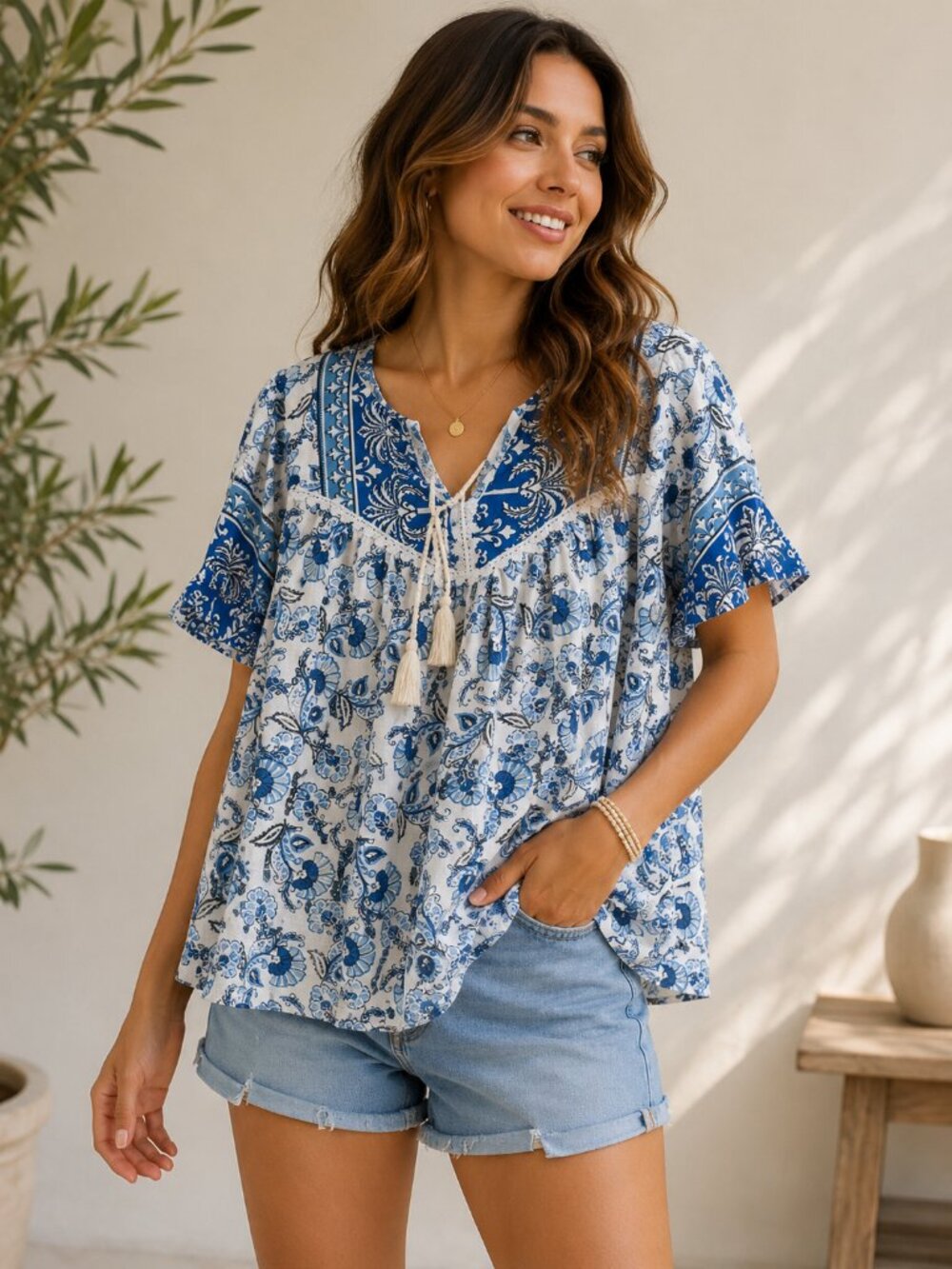 BloomChic Blue White Floral Boho Peasant Blouse Tassel Tie Plus Size 14/16